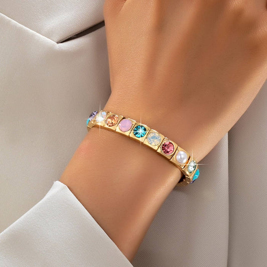 Multicolored Gemstone & Pearl Stretch Bracelet