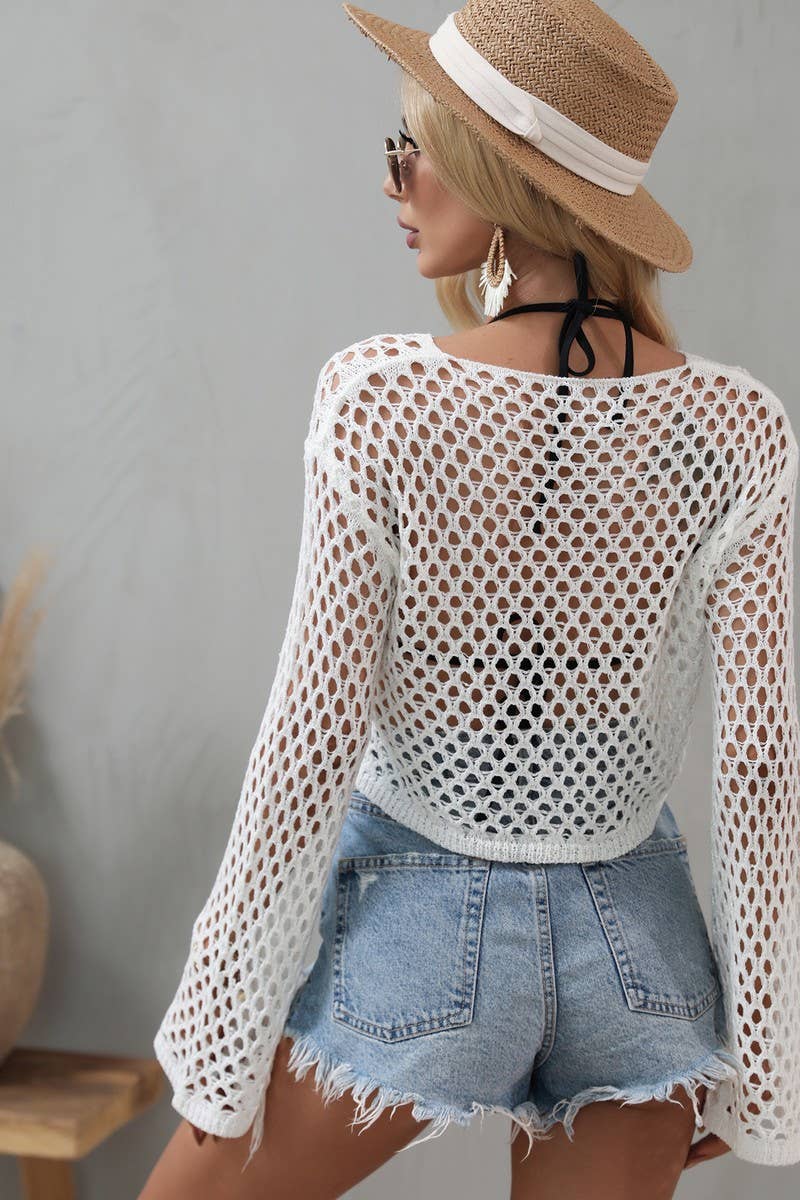 Cropped crochet long-sleeved Cover Ups
