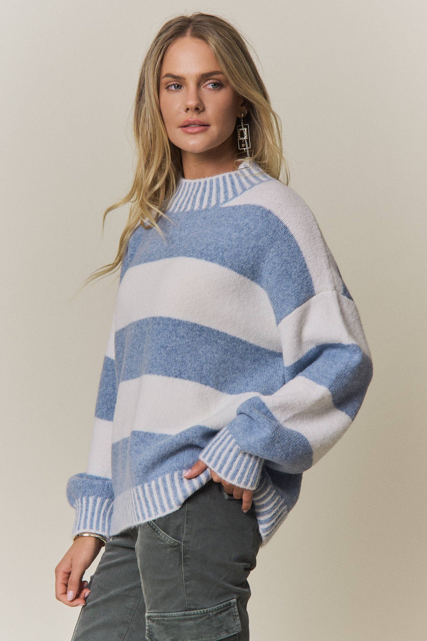 STRIPED MOCK NECK SWEATER