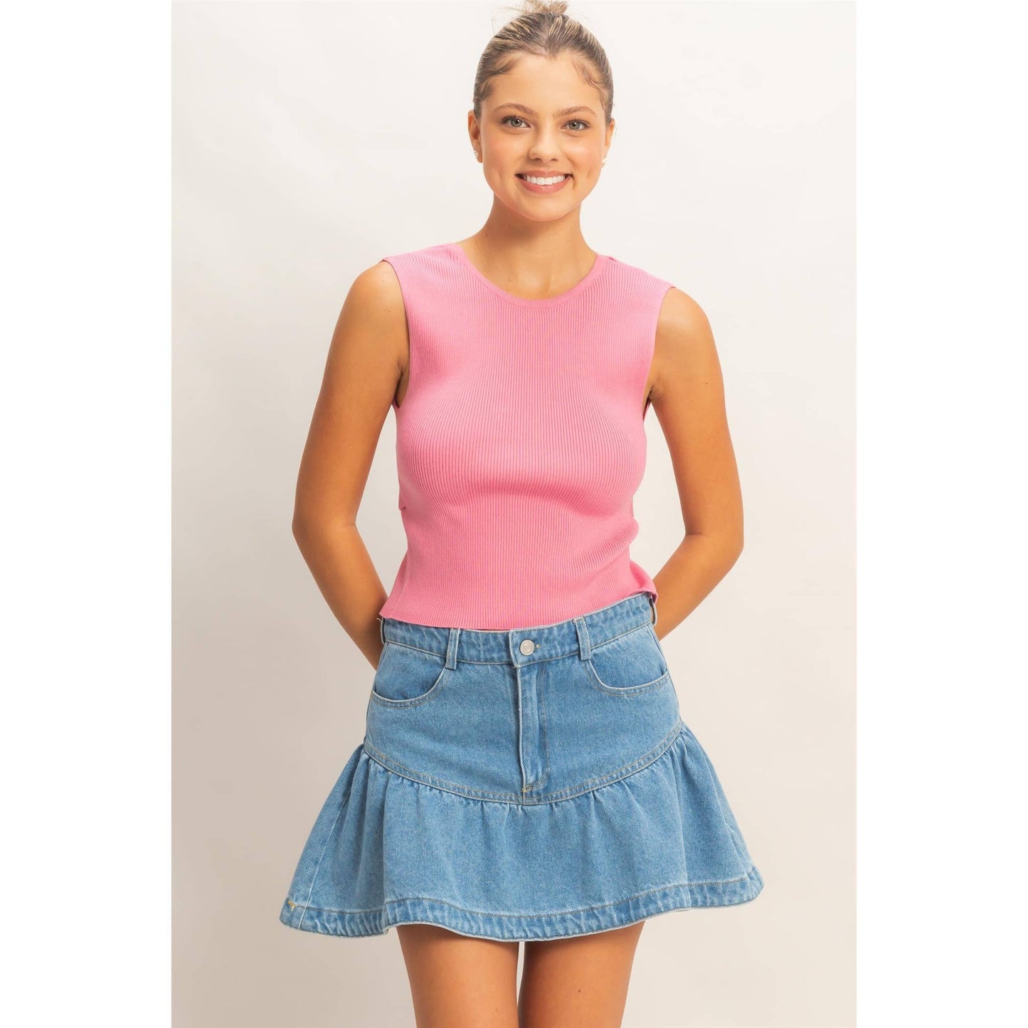 Ribbed Crew Neck Sleeveless Open Back Top