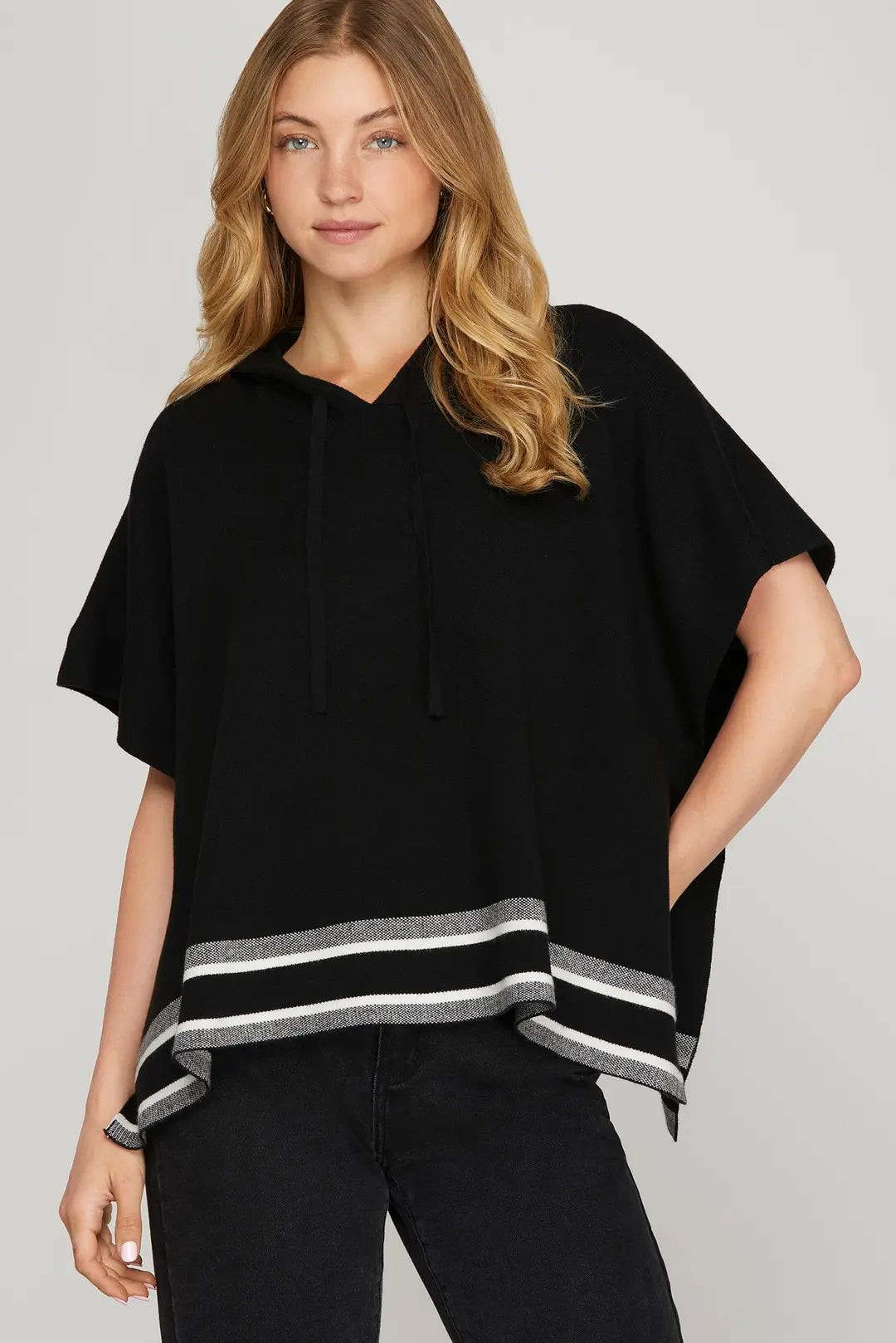 SHORT SLEEVE LOOSE FIT HOODED SWEATER TOP