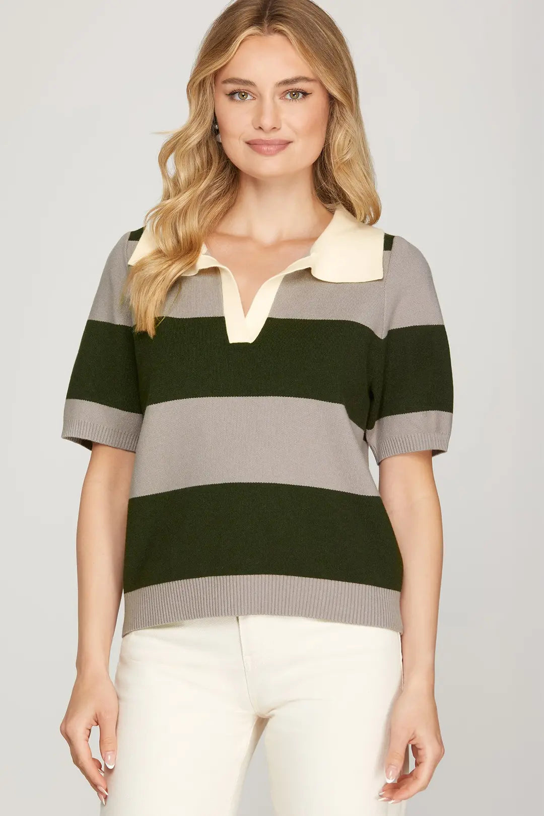 HALF SLEEVE POLO STRIPPED SWEATER TOP