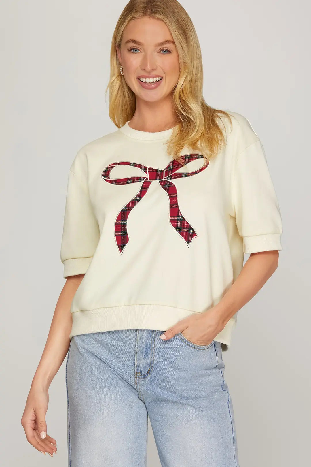 SHORT SLEEVE ROUND NECK PLAID BOW KNIT TOP