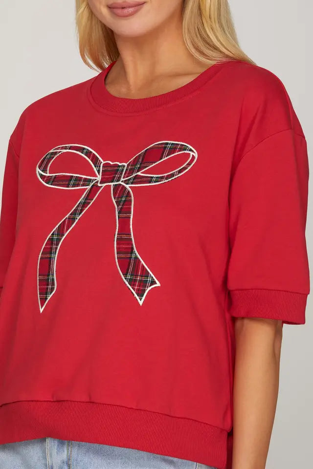 SHORT SLEEVE ROUND NECK PLAID BOW KNIT TOP