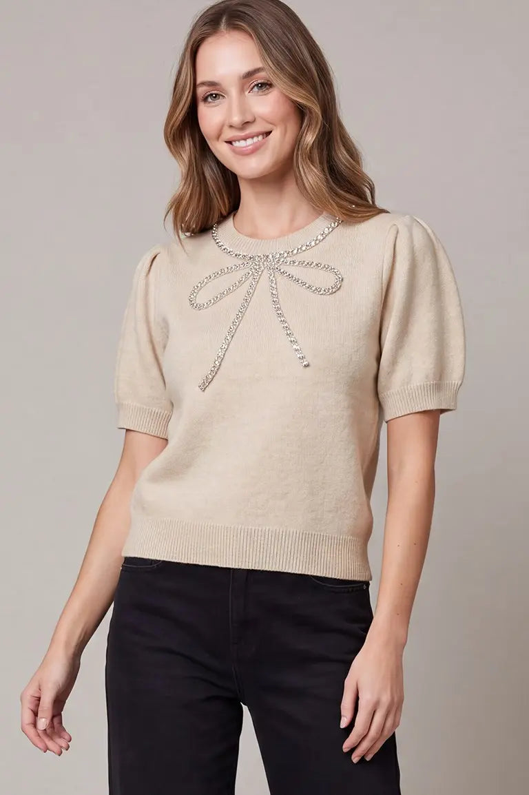 HALF SLEEVE BEADED BOW SWEATER TOP