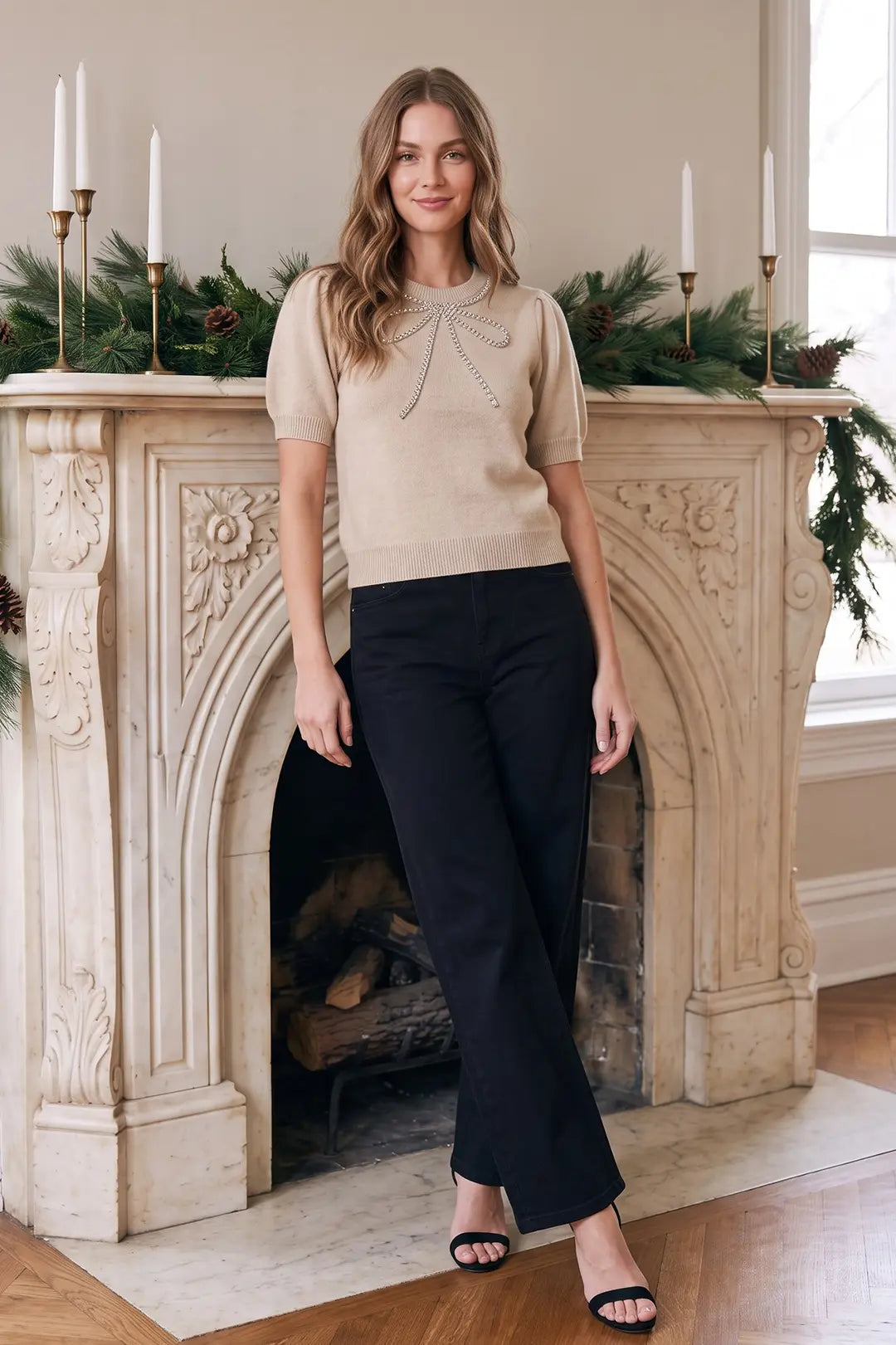 HALF SLEEVE BEADED BOW SWEATER TOP