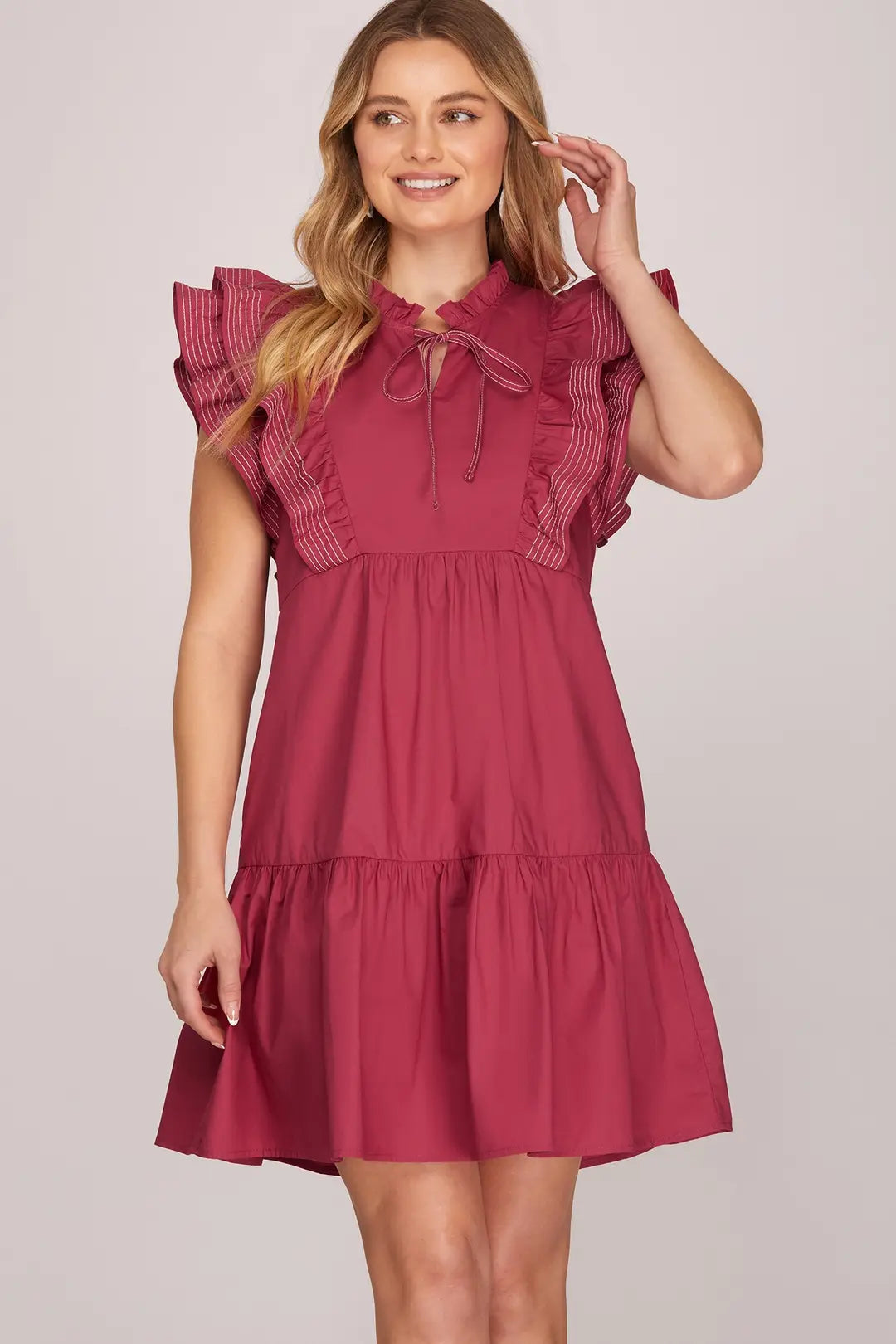 RUFFLE SLEEVE STICH DETAIL MINI DRESS WITH POCKETS
