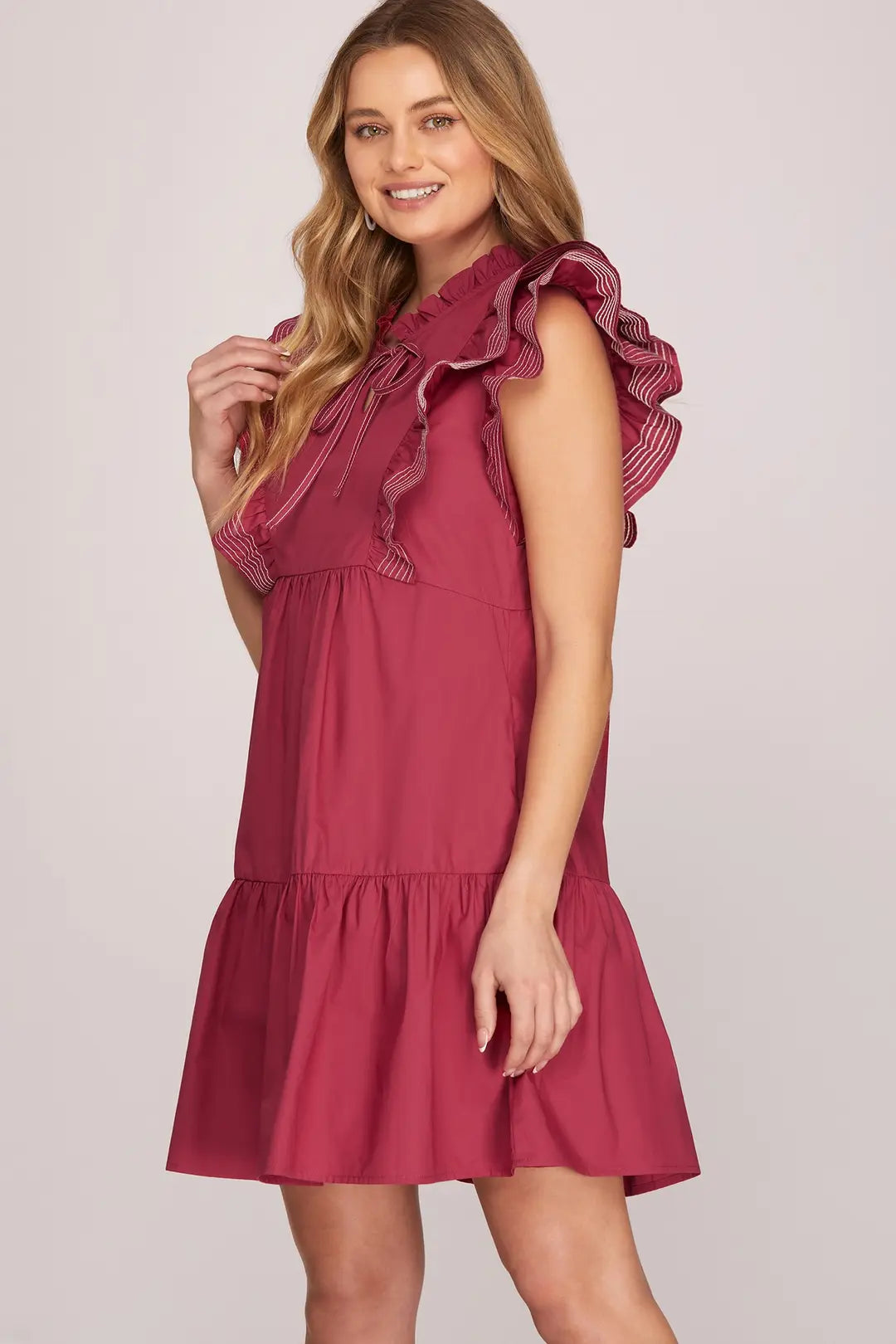 RUFFLE SLEEVE STICH DETAIL MINI DRESS WITH POCKETS