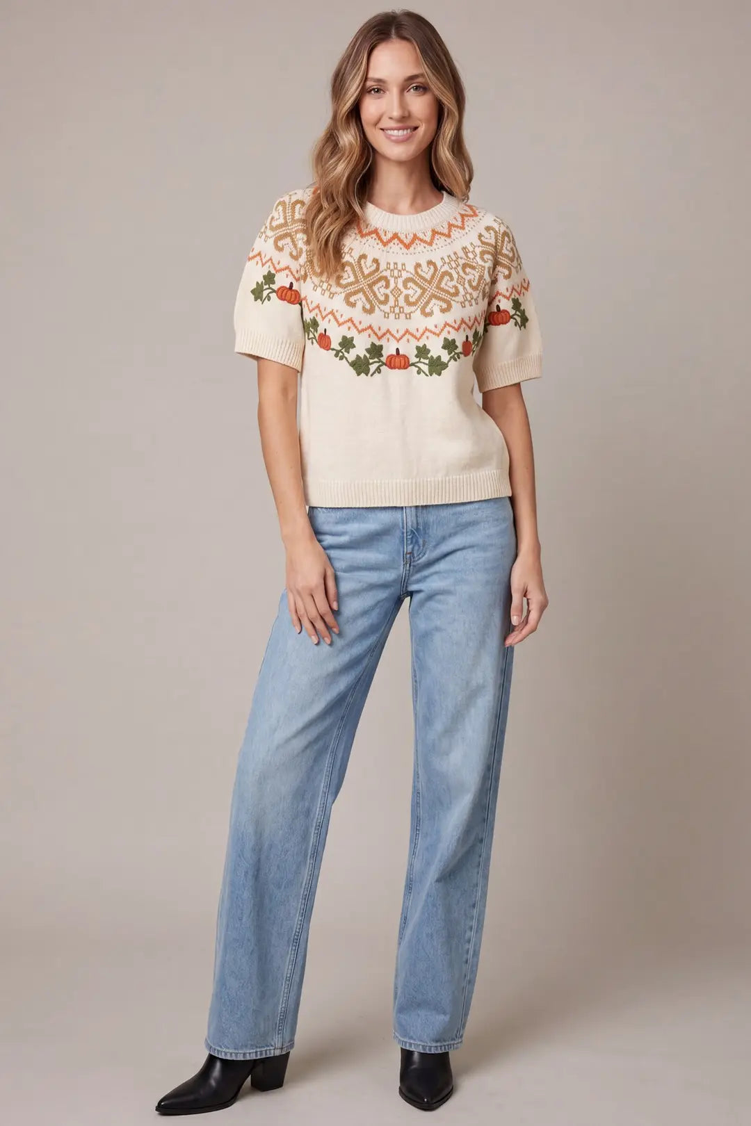 PUMPKIN EMBROIDERY FAIR ISLE SWEATER TOP
