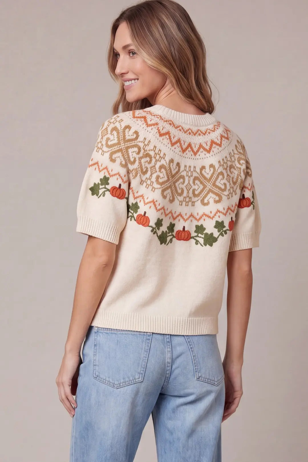 PUMPKIN EMBROIDERY FAIR ISLE SWEATER TOP