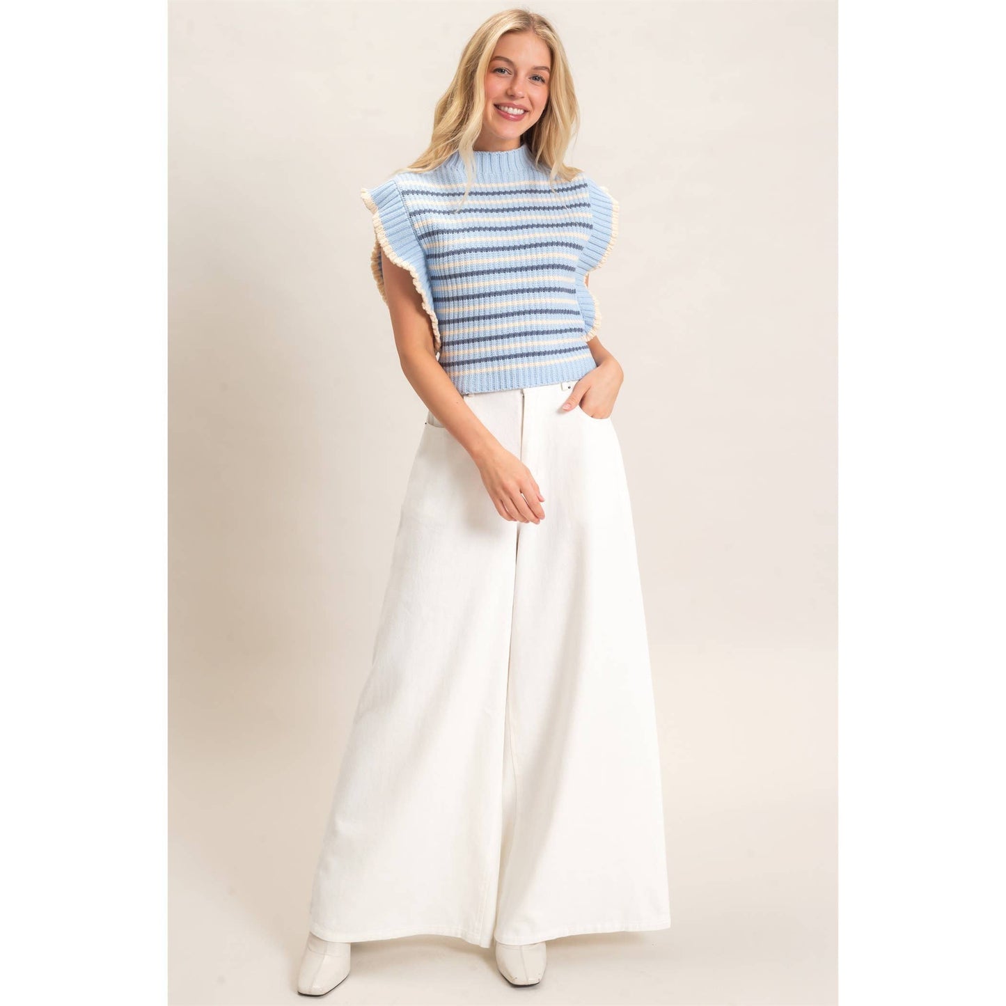 Ribbed Ruffle Sleeve Sweater