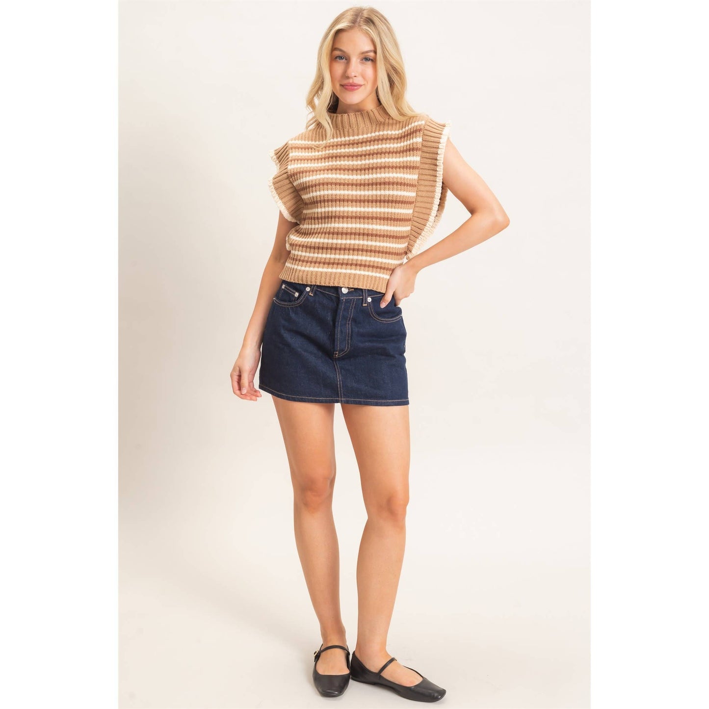 Ribbed Ruffle Sleeve Sweater