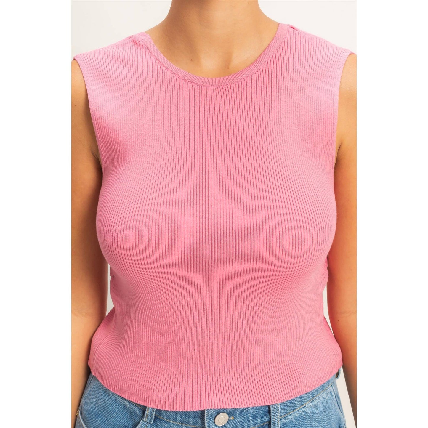 Ribbed Crew Neck Sleeveless Open Back Top