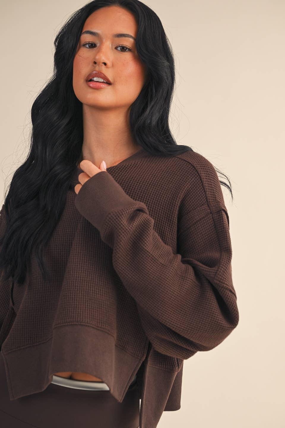 Waffle Knit Oversized Long Sleeve Top