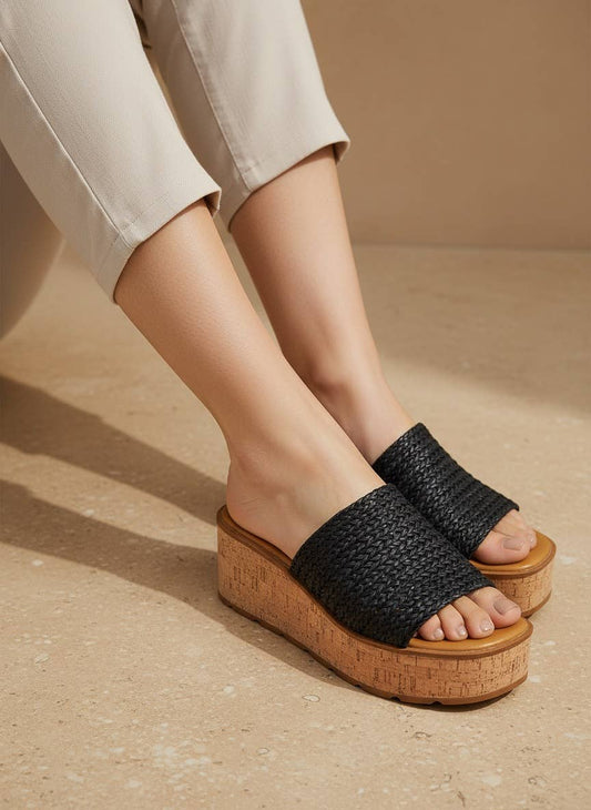 BRAIDED ARTISAN CORK PLATFORM SLIDE SANDALS
