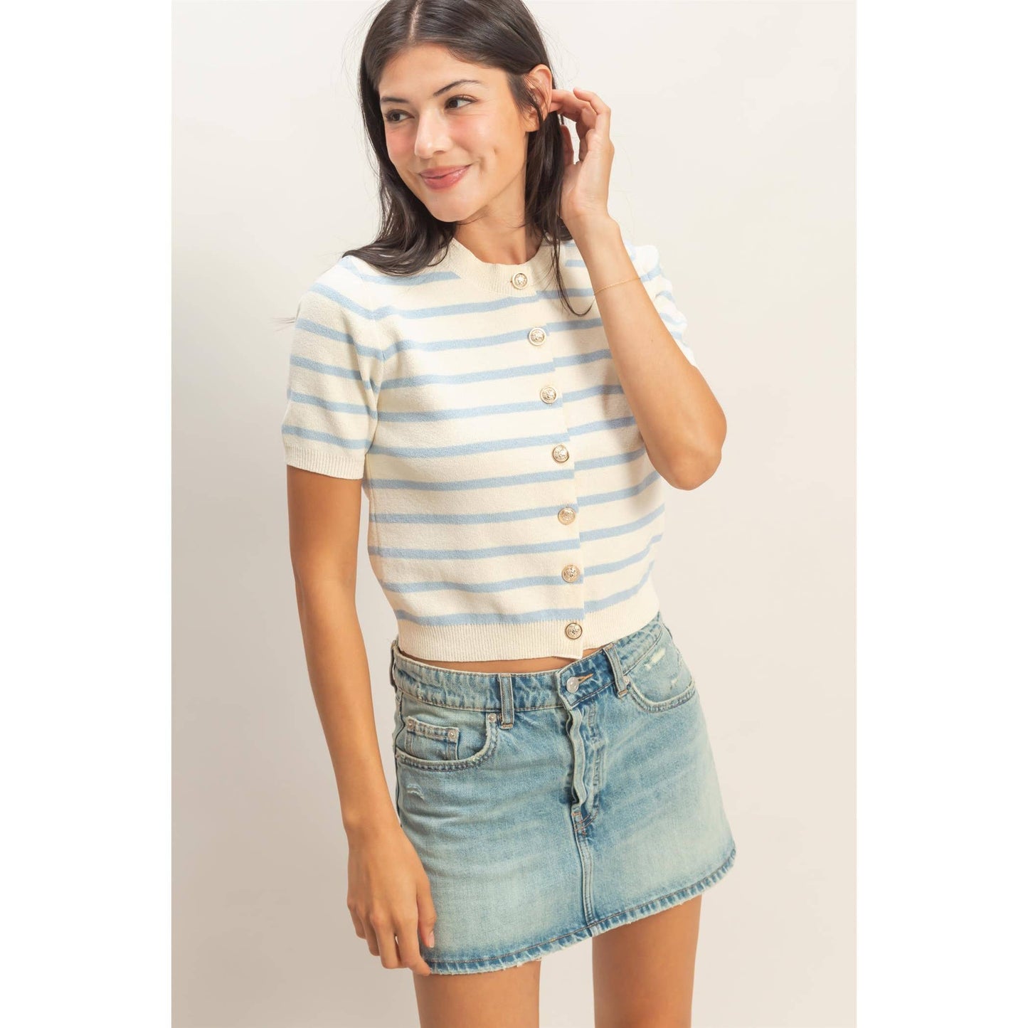 Striped Short Sleeve Button Up Cardigan