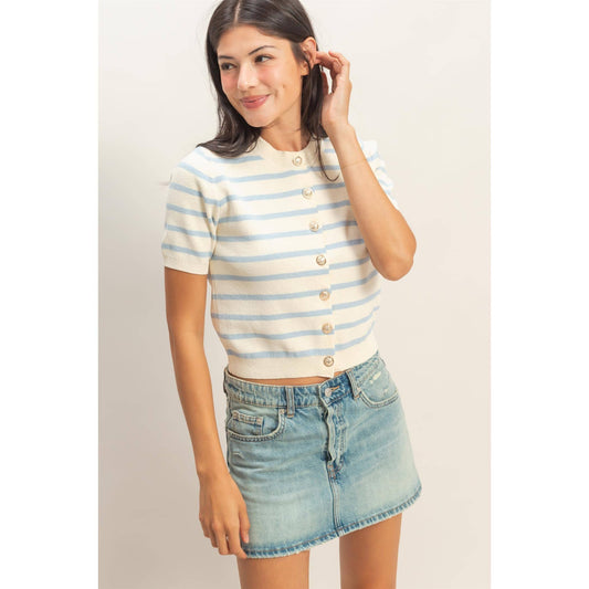 Striped Short Sleeve Button Up Cardigan