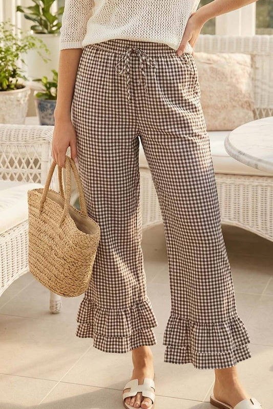 Gingham Casual Ruffled Hem Pants