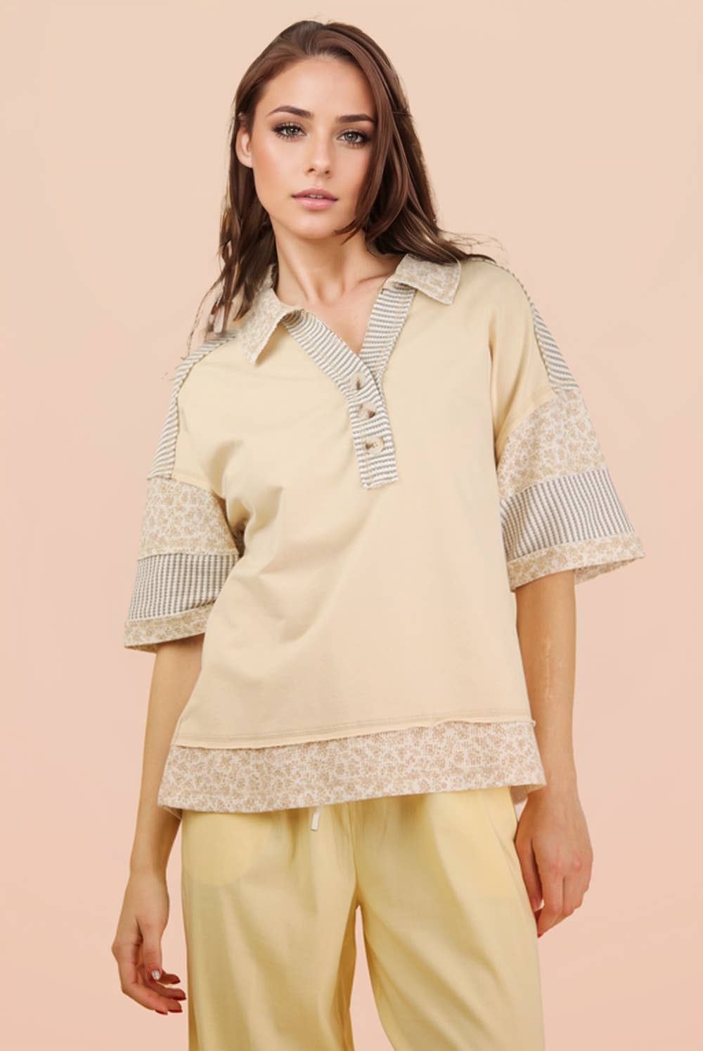 Oversized Half Button Down Collared Knit Top