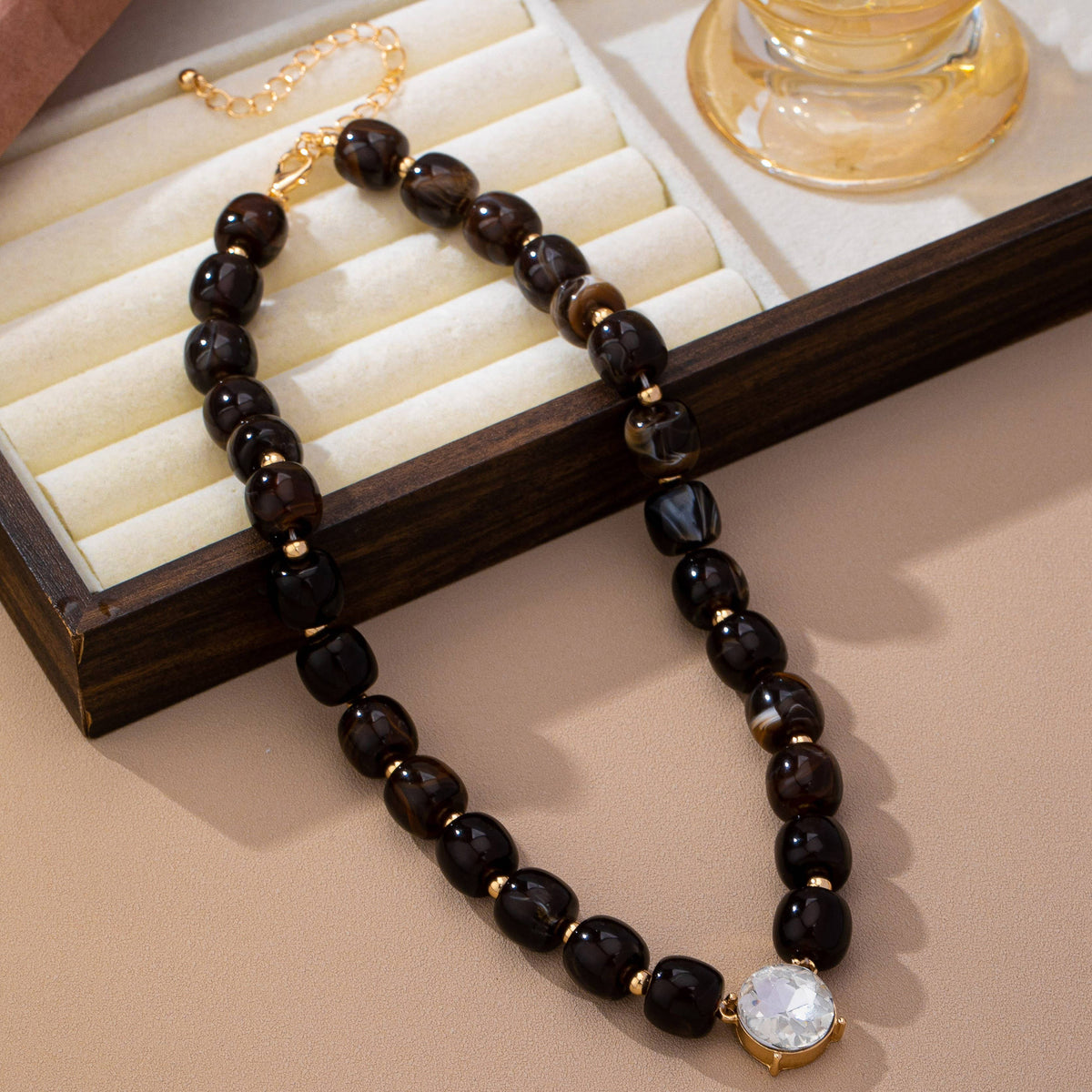Resin Bead Round Crystal Pendant Necklace