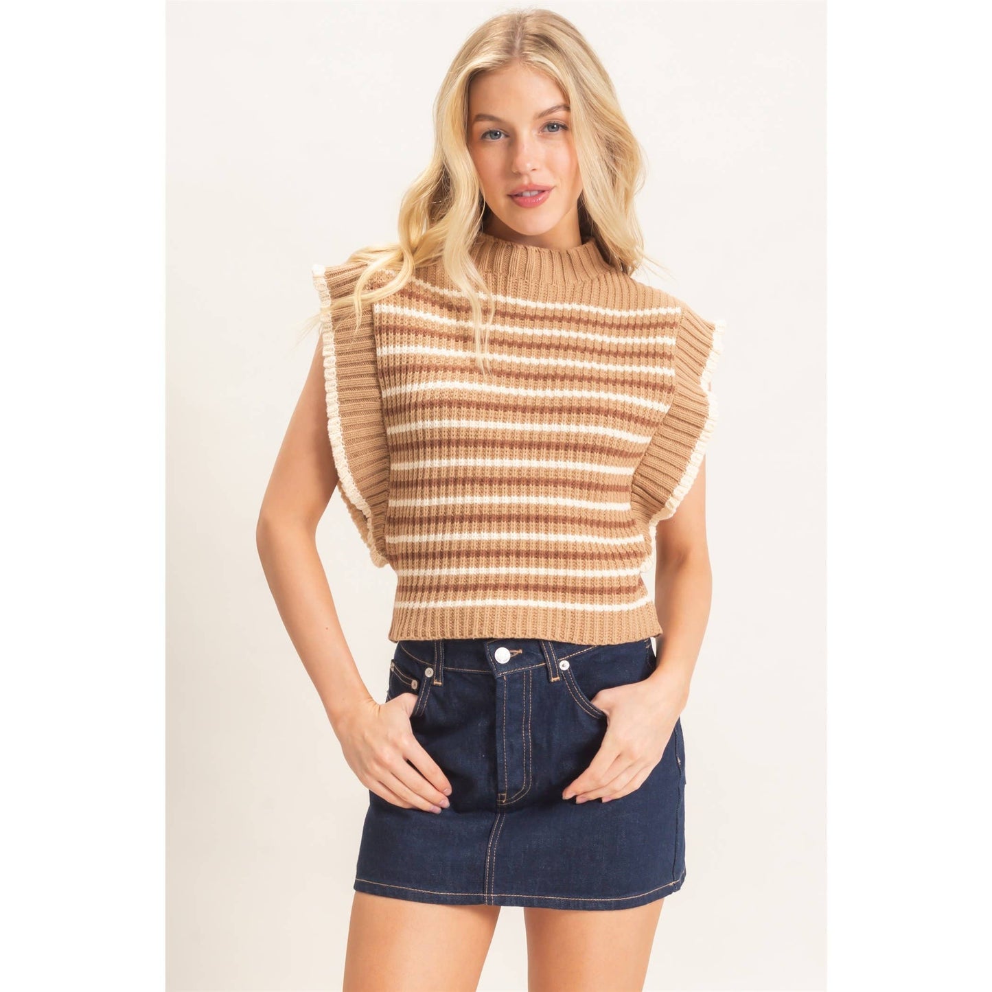 Ribbed Ruffle Sleeve Sweater