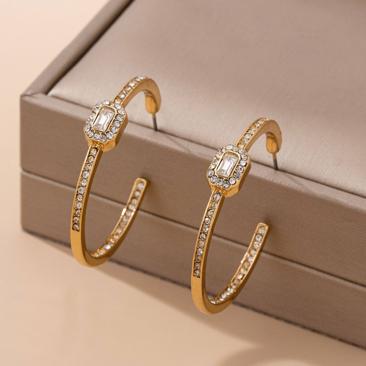 Solitaire Square Crystal Gold Hoop Earrings