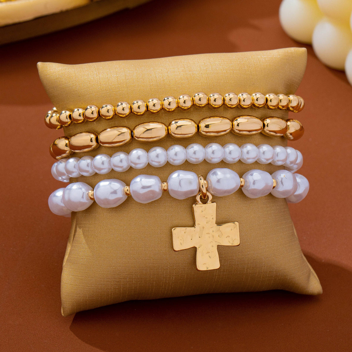 Pearl & Gold-Tone Beaded Cross Bracelet Set