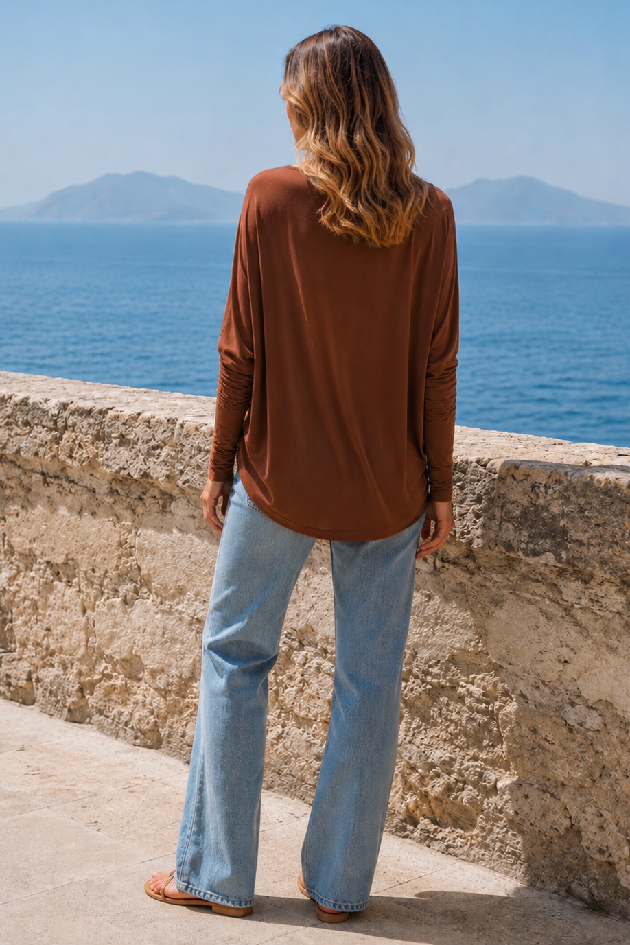 Drop Shoulder Round Hem Long Sleeve Top