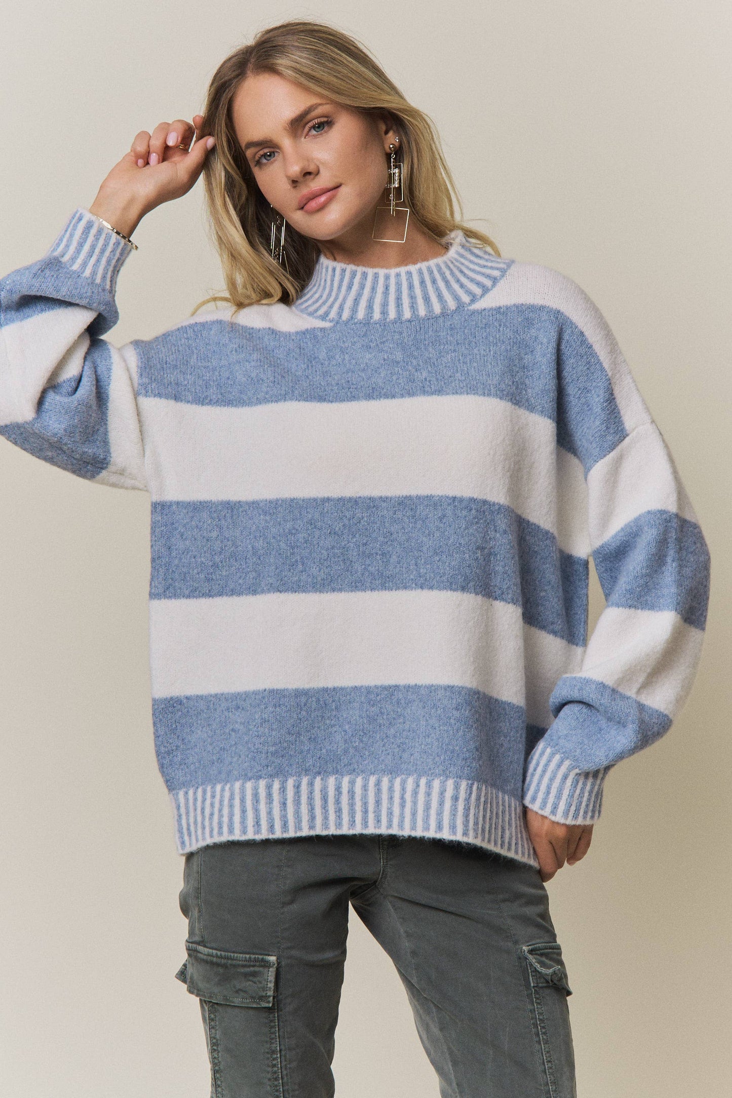 STRIPED MOCK NECK SWEATER