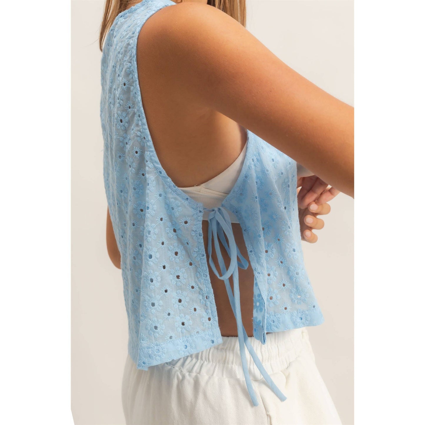 Sleeveless Textured Eyelet Top With Side Straps