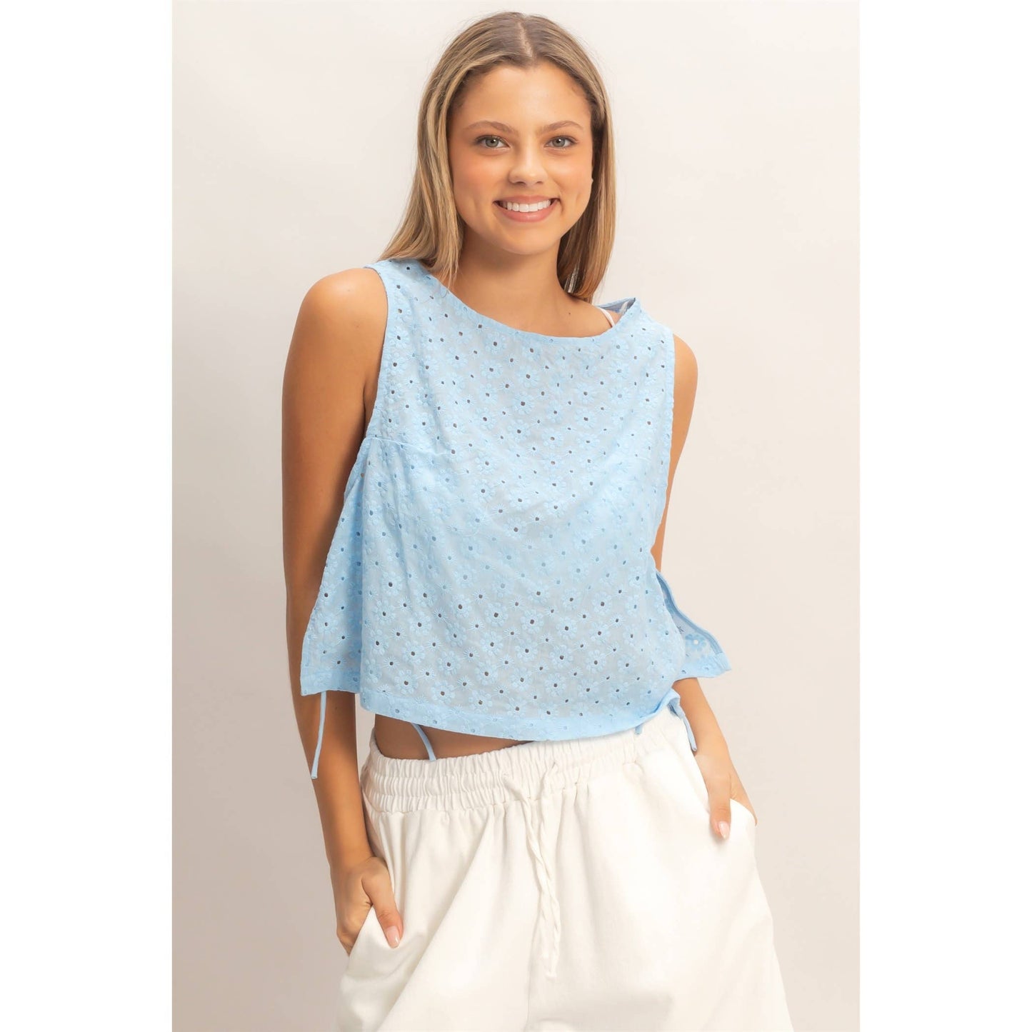 Sleeveless Textured Eyelet Top With Side Straps