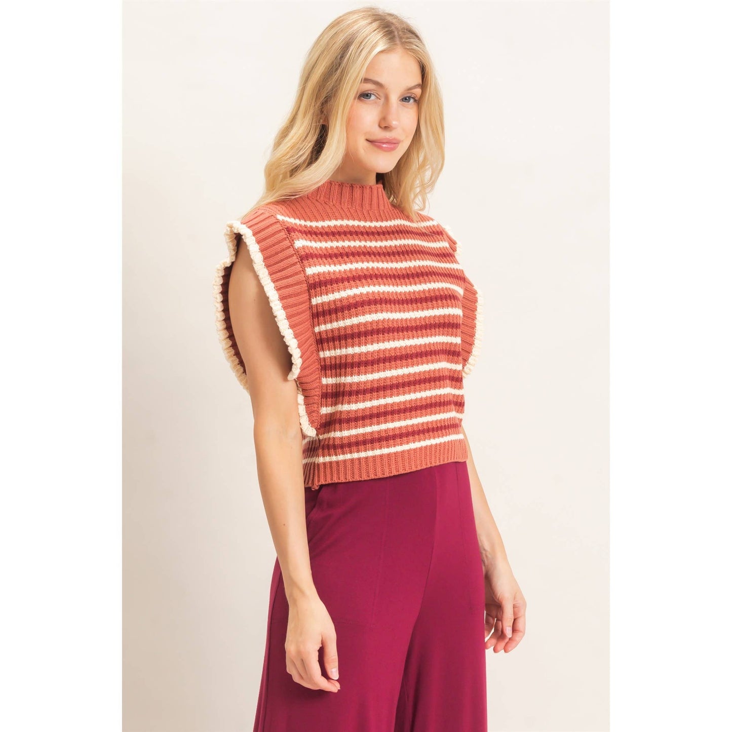 Ribbed Ruffle Sleeve Sweater