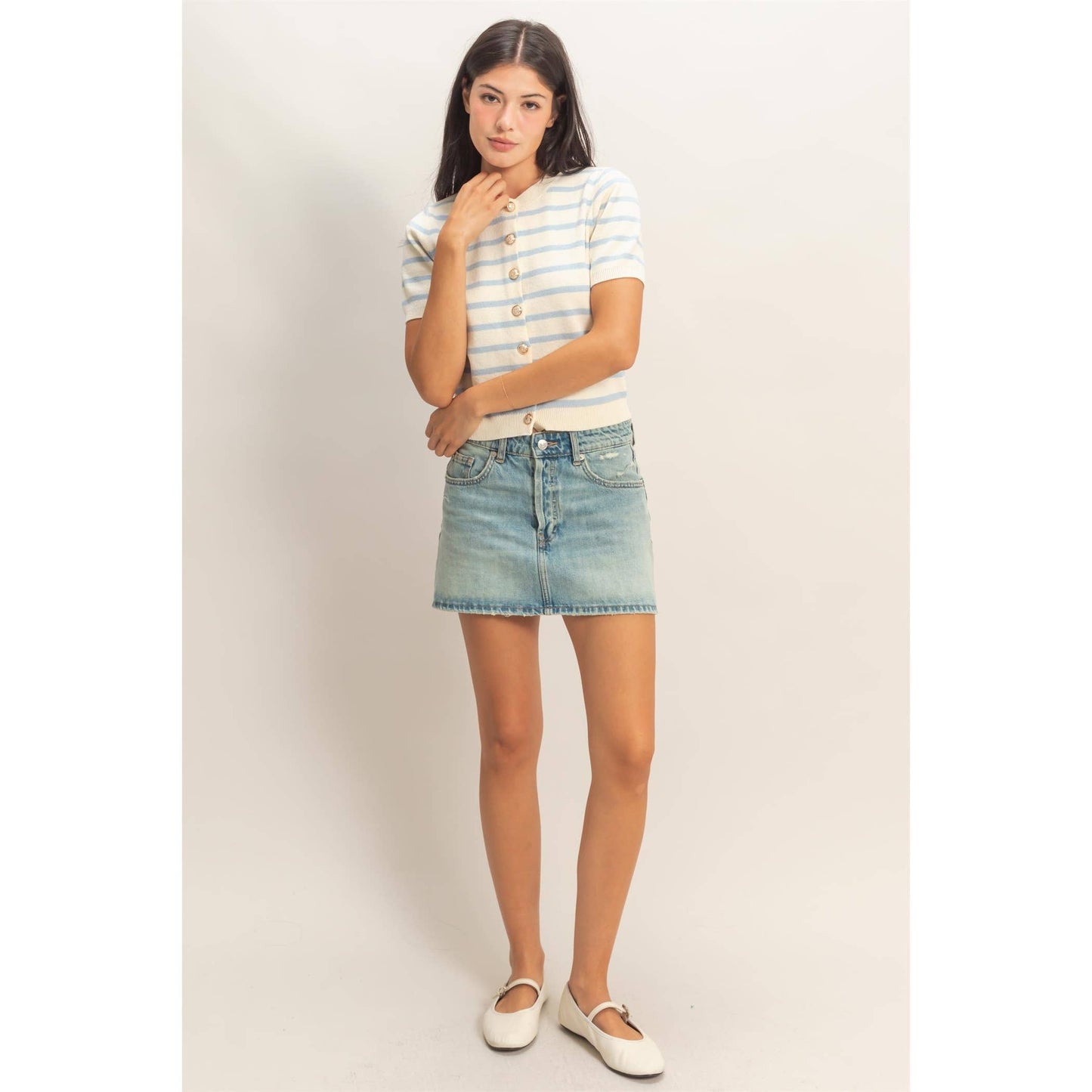 Striped Short Sleeve Button Up Cardigan