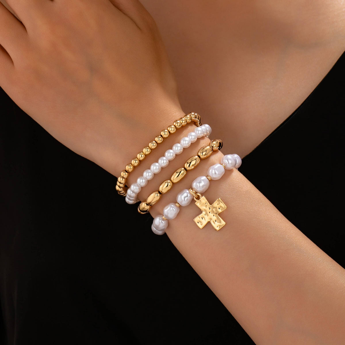 Pearl & Gold-Tone Beaded Cross Bracelet Set