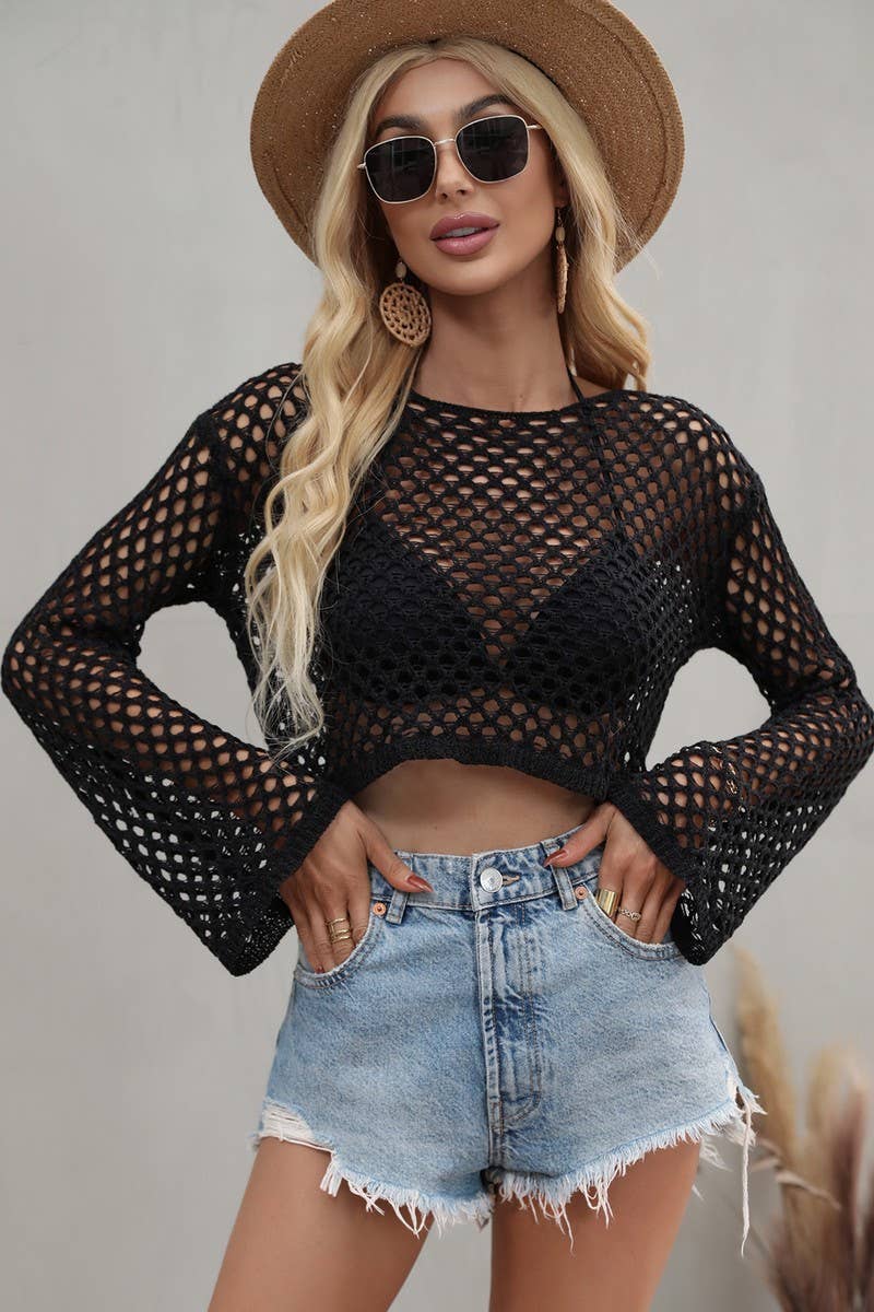 Cropped crochet long-sleeved Cover Ups