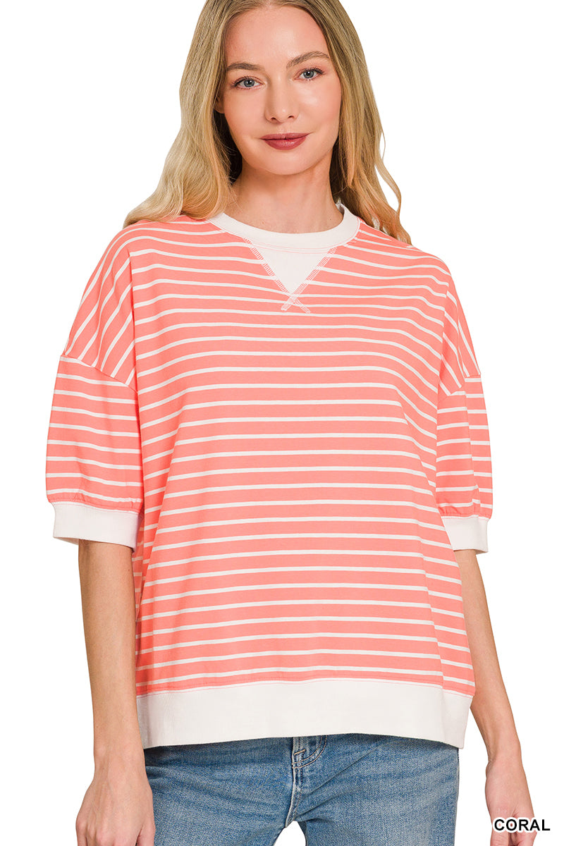 Striped rib banded pullover