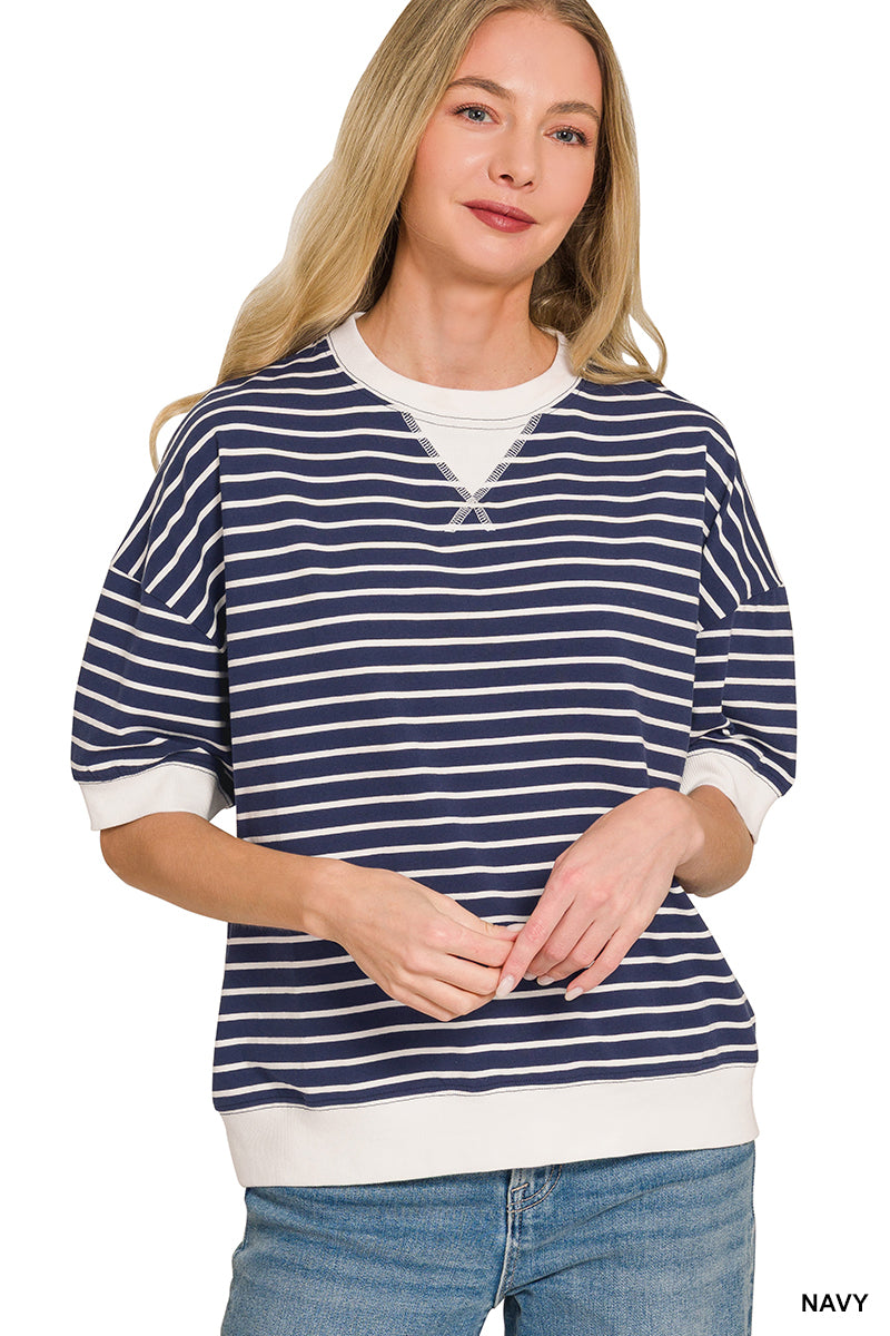 Striped rib banded pullover