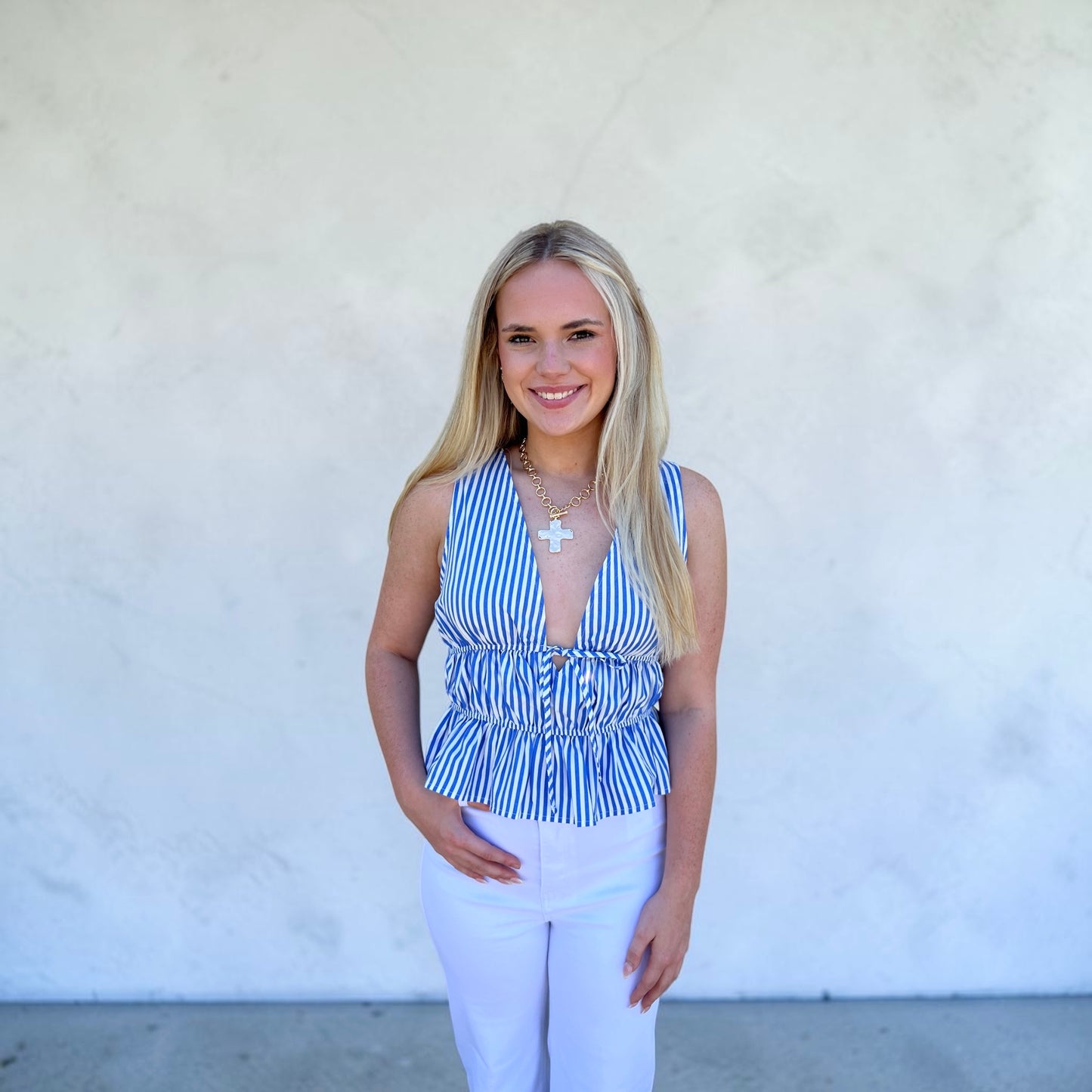 Striped Tie Front Peplum Sleeveless Top