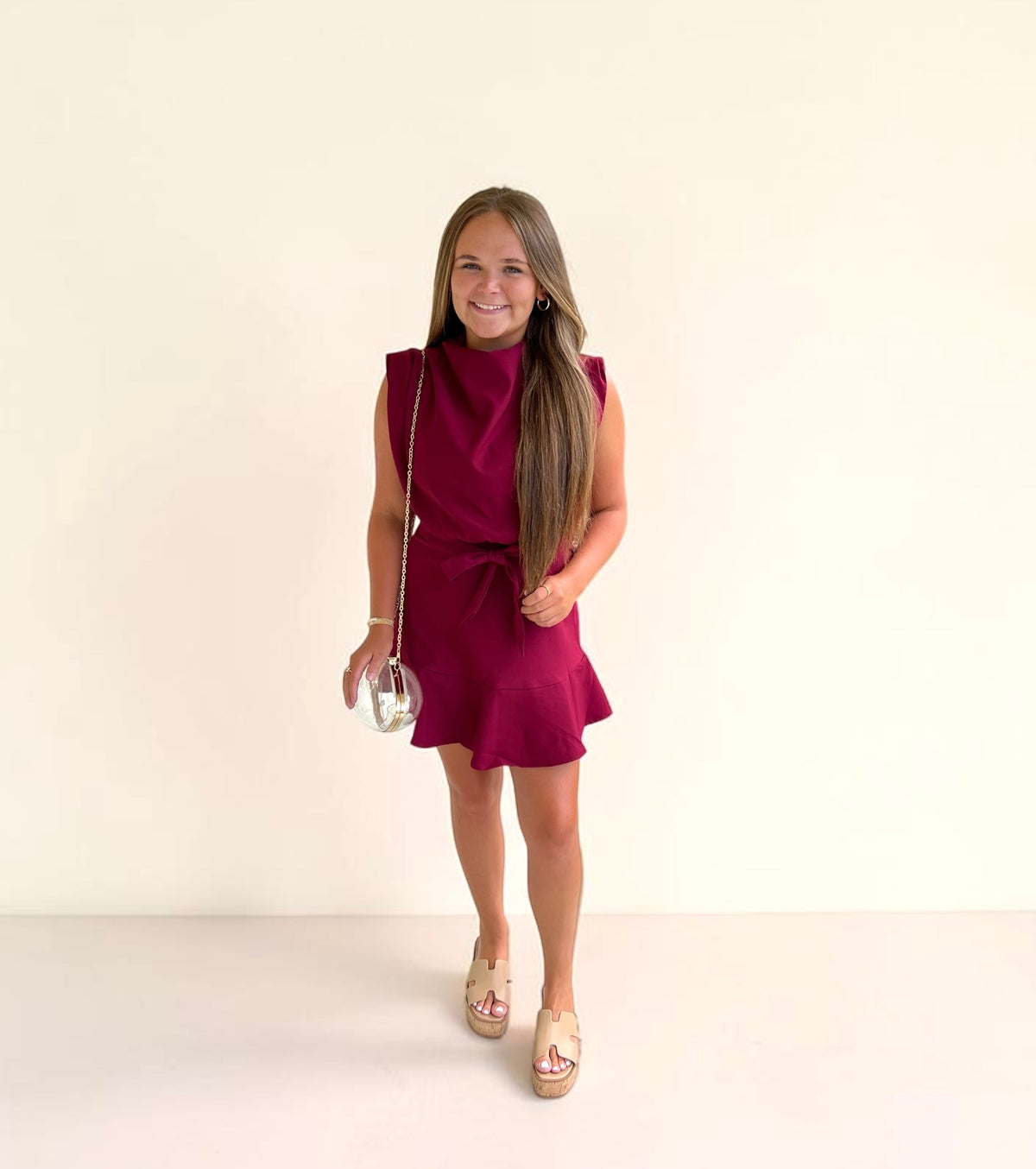 Cowl Neck Sleeveless Waist Tie Mini Dress