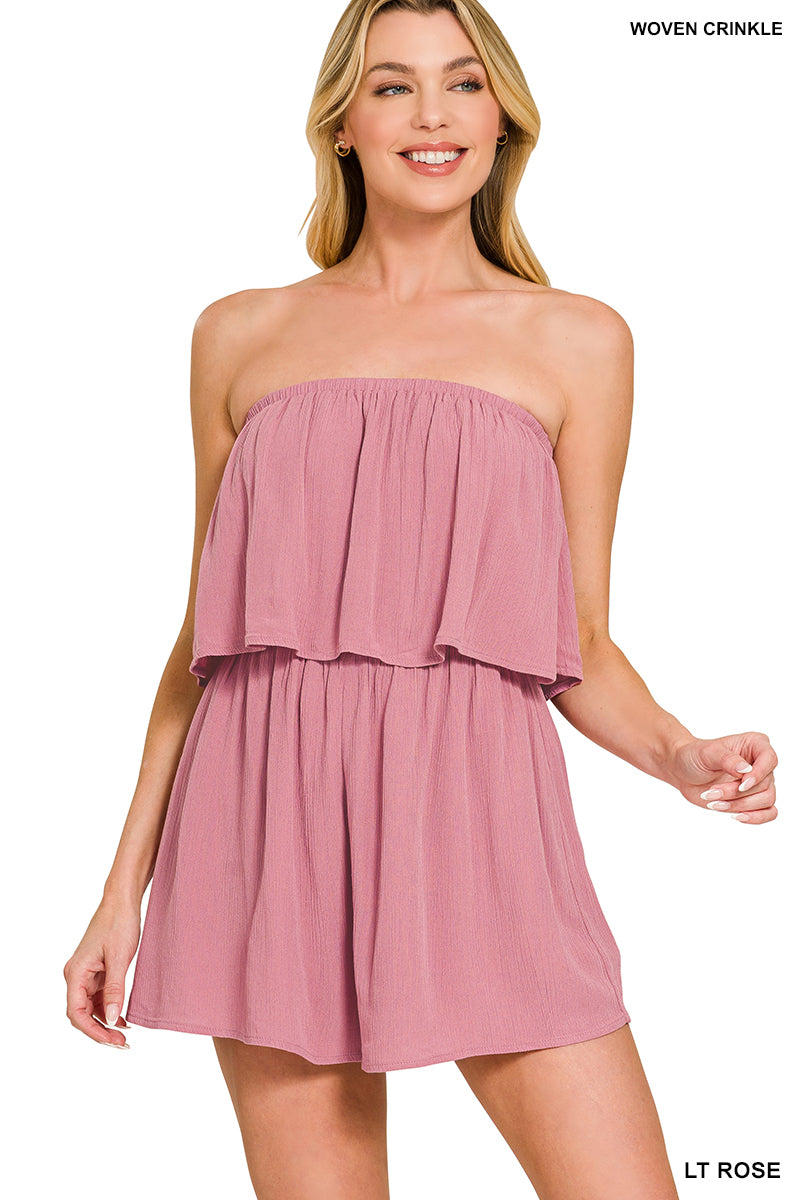 Woven crinkle strapless rompers