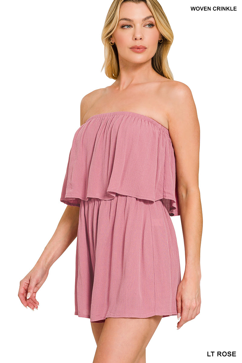 Woven crinkle strapless rompers