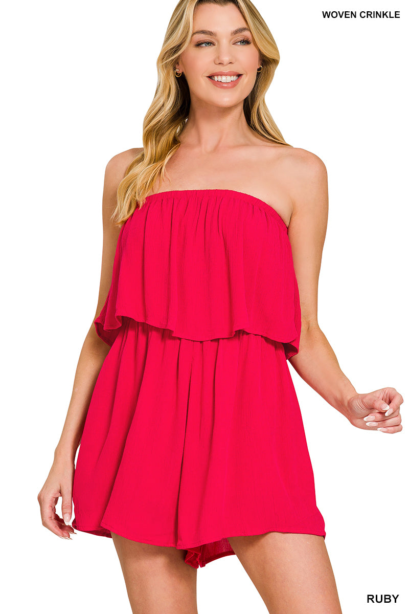 Woven crinkle strapless rompers