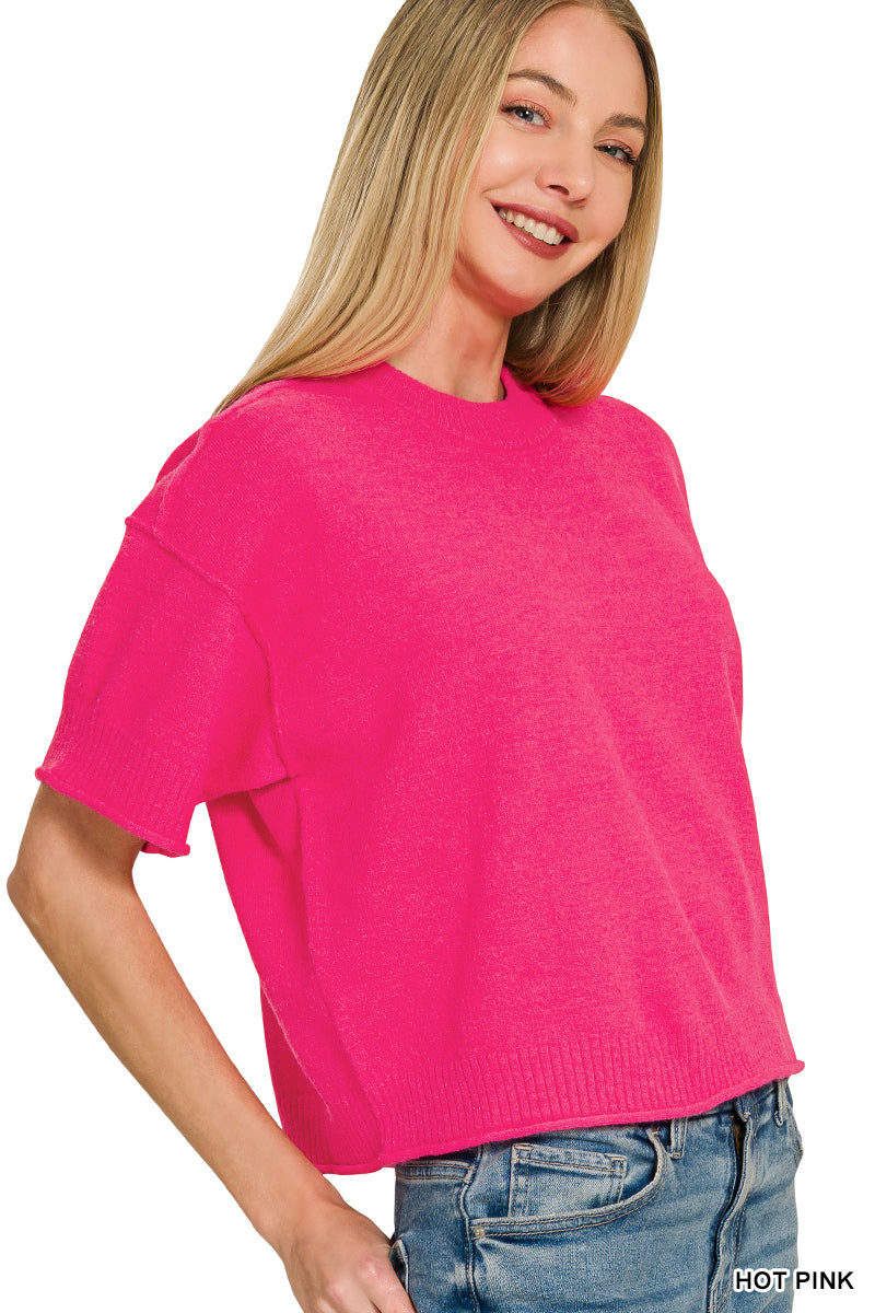 Light weight exposed seam short sleeve crop sweater