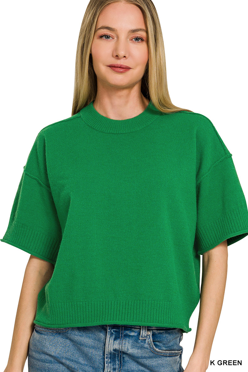 Light weight exposed seam short sleeve crop sweater