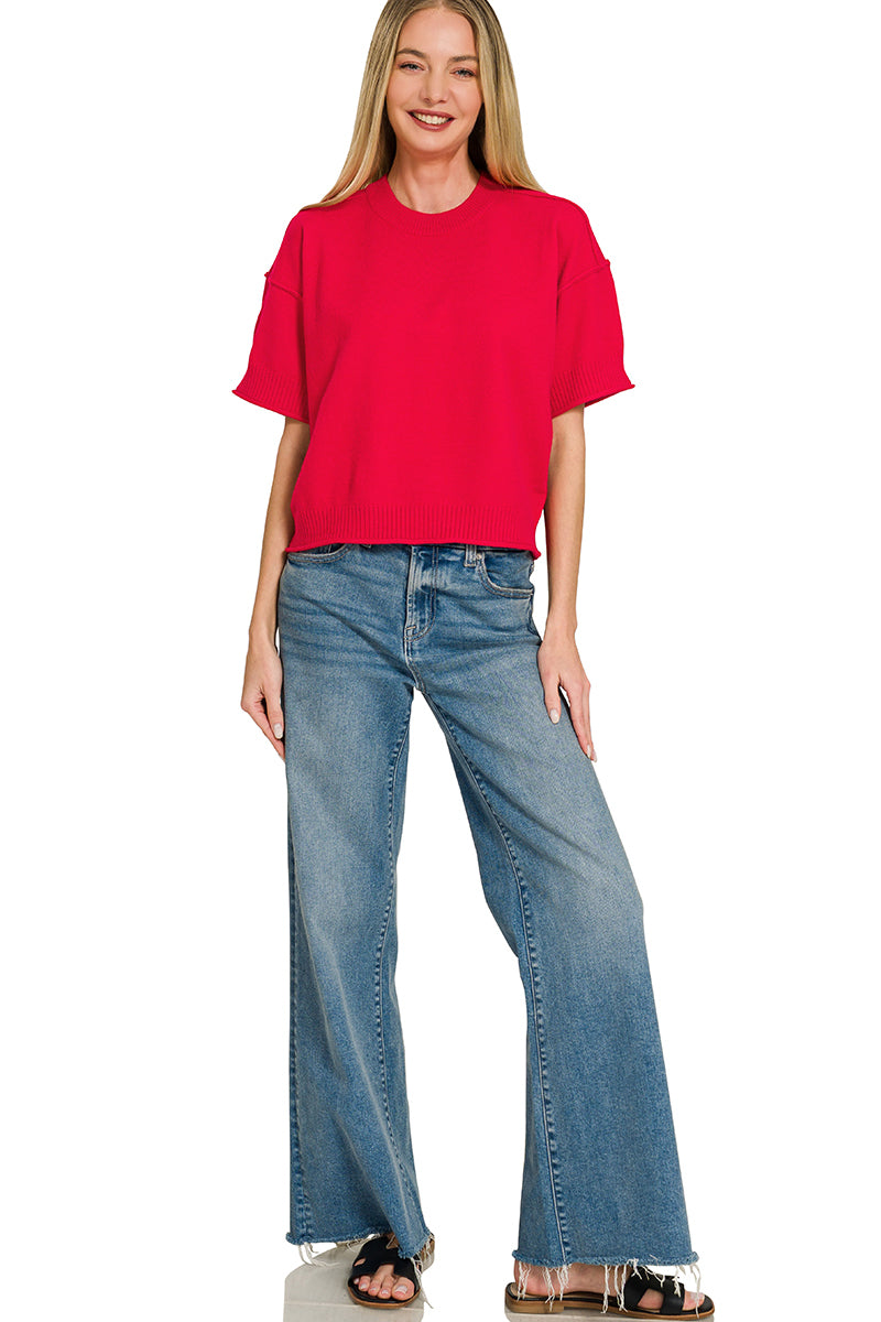Light weight exposed seam short sleeve crop sweater