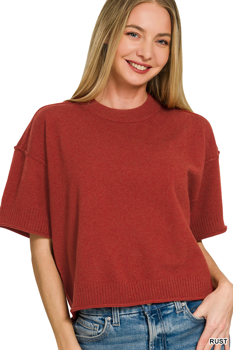 Light weight exposed seam short sleeve crop sweater