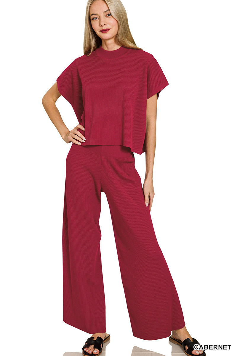 Viscose sweater short slv top & pants 2pcs set