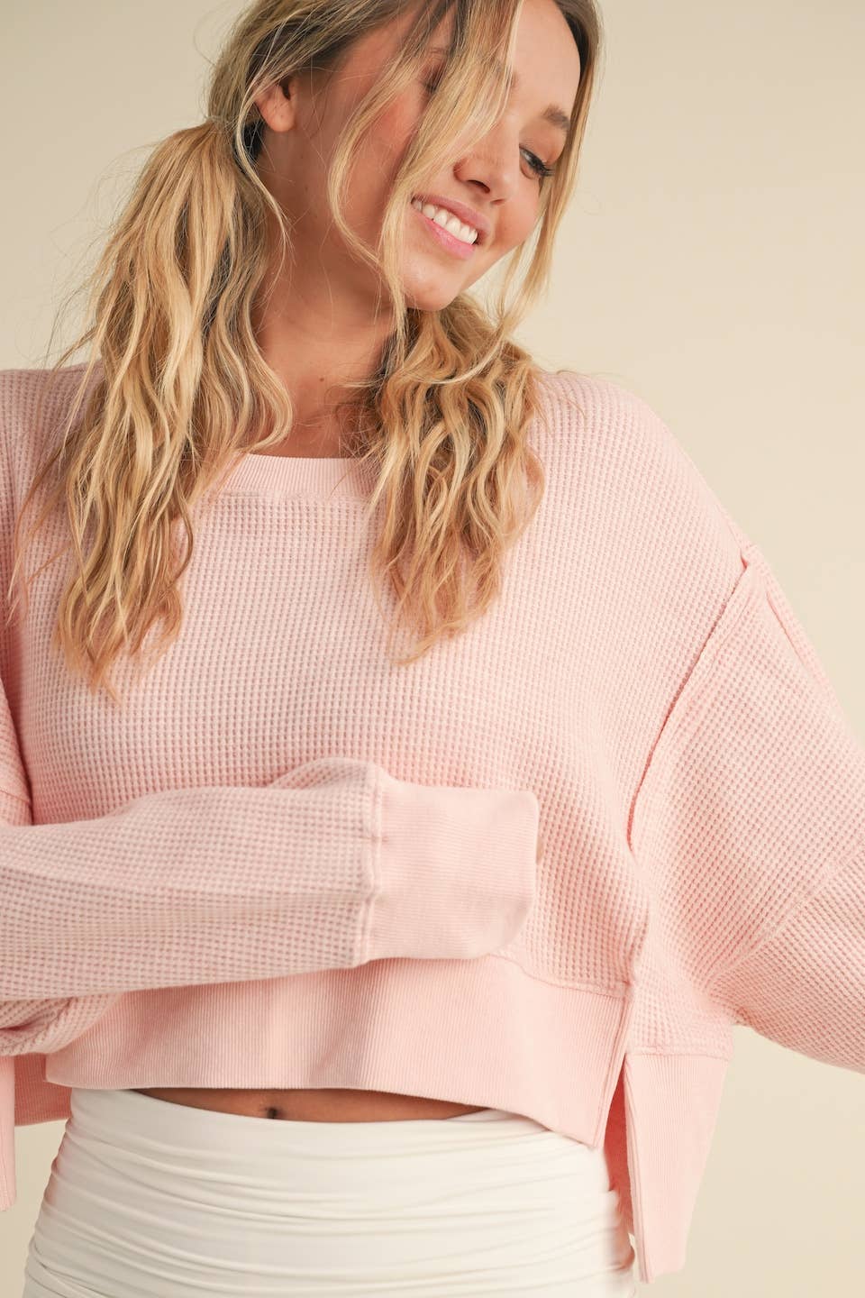 Waffle Knit Oversized Long Sleeve Top