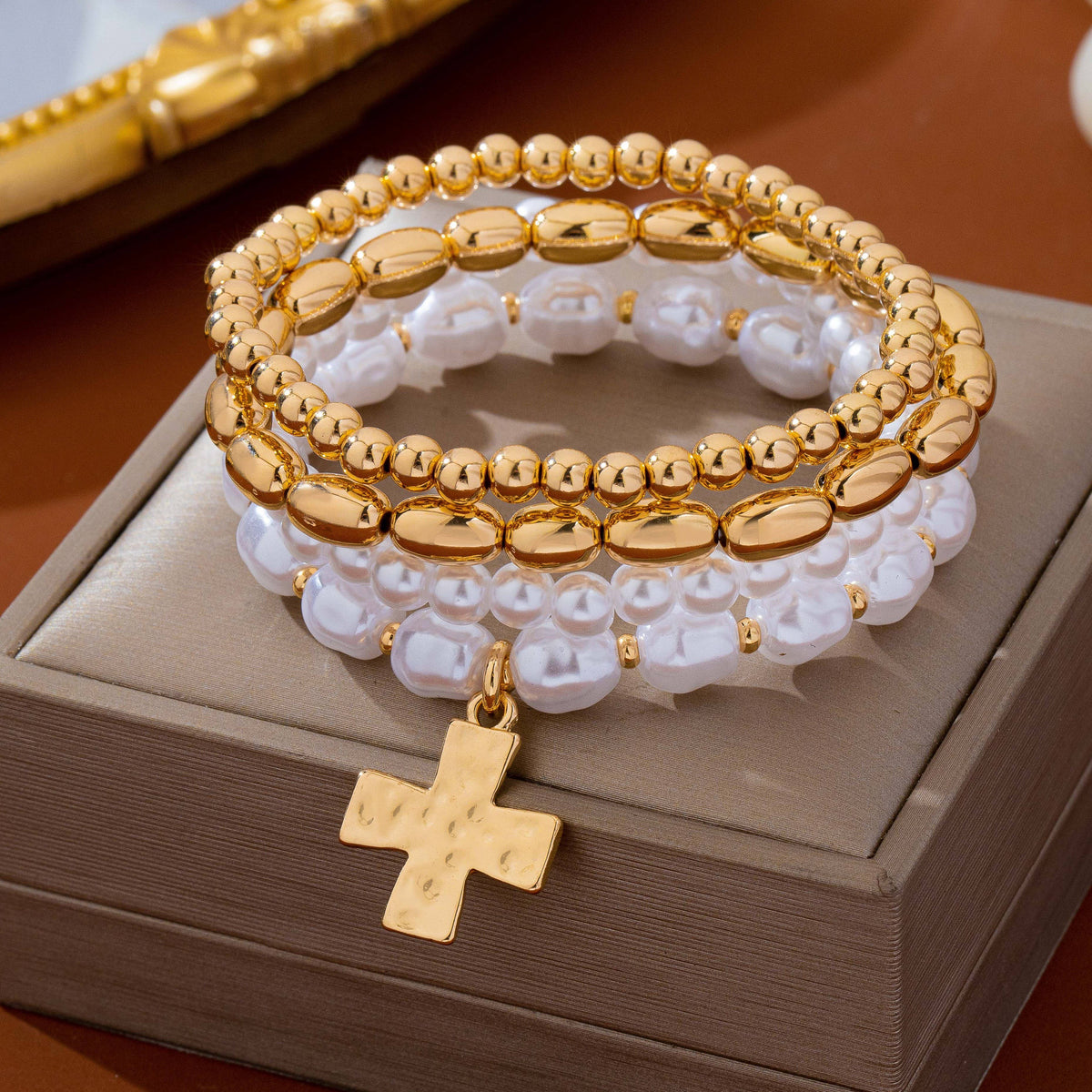 Pearl & Gold-Tone Beaded Cross Bracelet Set