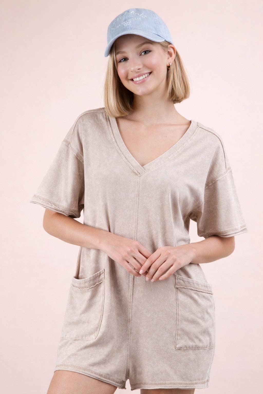 Mineral Washed Oversized Casual Knit Romper